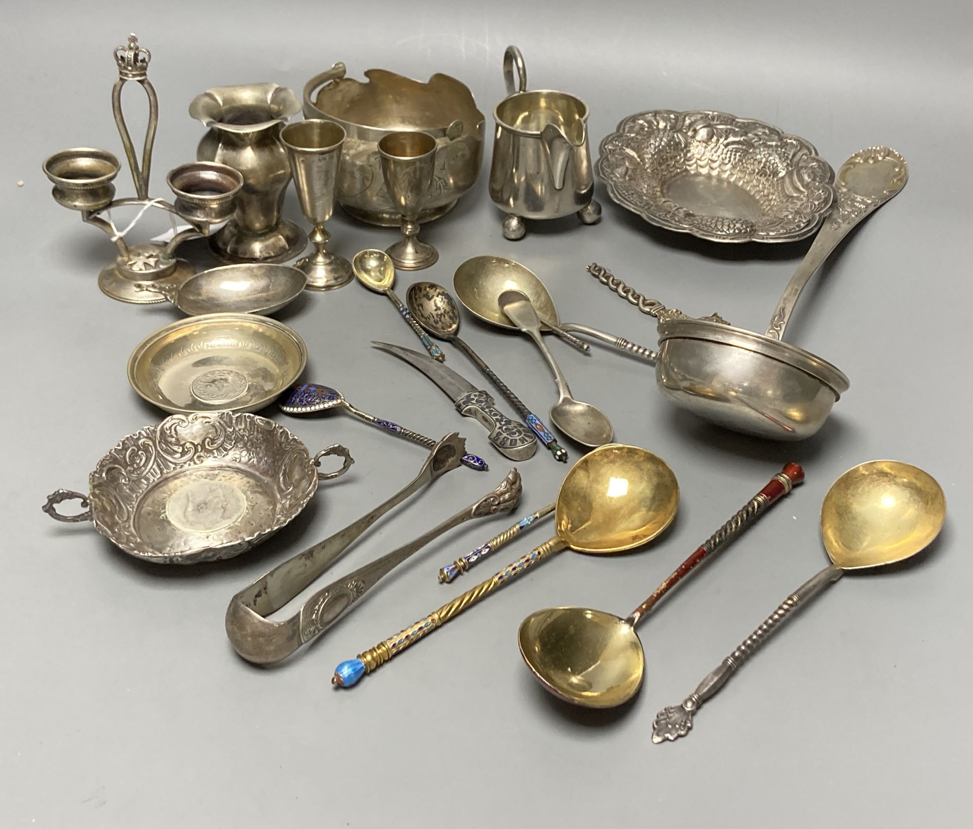 A small quantity of Russian style metal items including spoons (some with enamel) dishes, bowl etc.